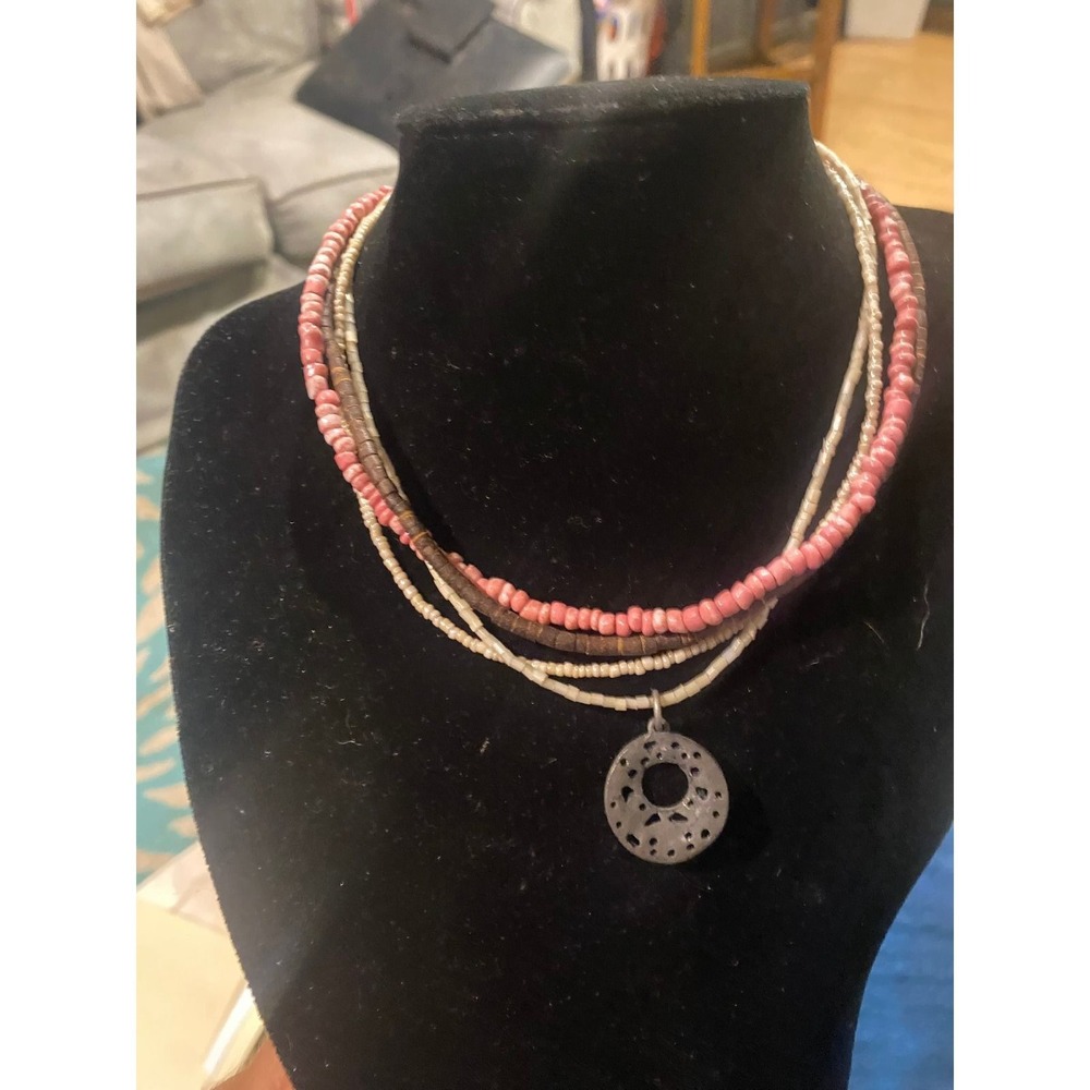 Boho Multistrand Beaded Necklace Pink Cream Brown Filigree Pendant AEO Style